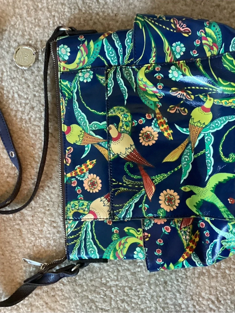 Patricia Nash Sabina Blue Floral Bird Print Crossbody Bag